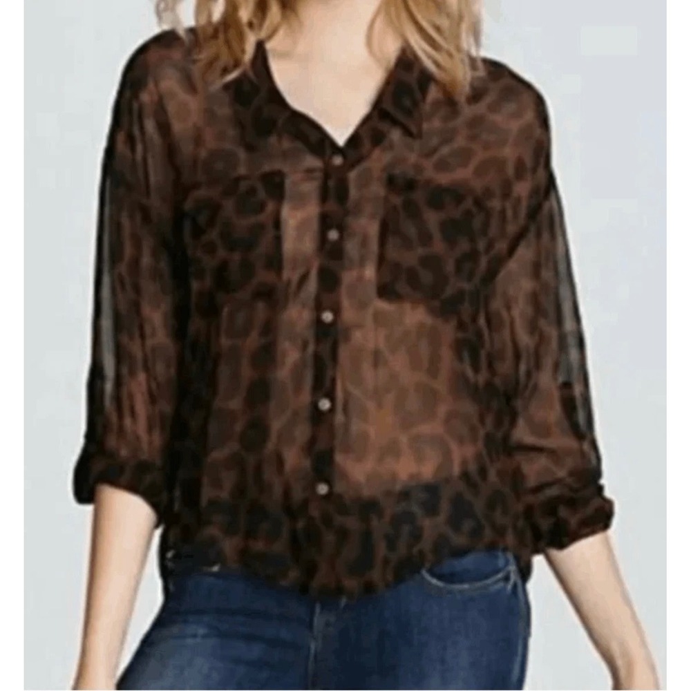 Free People Easy Rider Sheer Leopard Print Button Down Blouse Brown Black XS